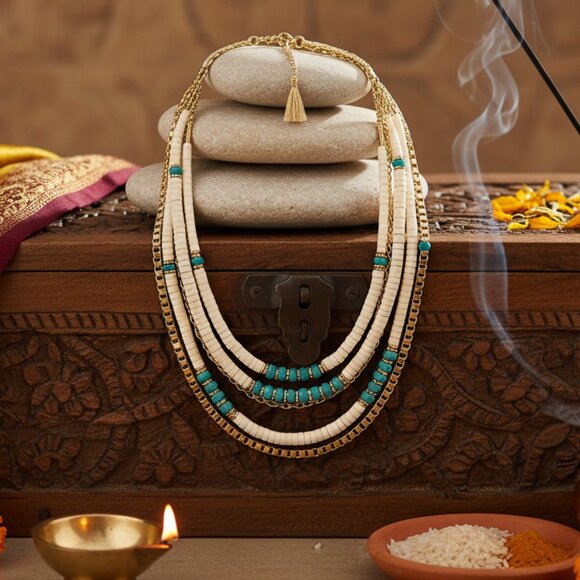 🆕️Handcrafted Boho Chic Beaded Antique Gold Artisanal Ethnic Layered Necklace - Picture 9 of 9